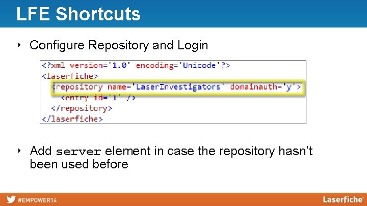 LFE Shortcuts ‣ Configure Repository and Login ‣ Add server element in case the