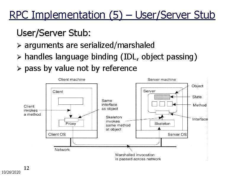 RPC Implementation (5) – User/Server Stub: arguments are serialized/marshaled Ø handles language binding (IDL,