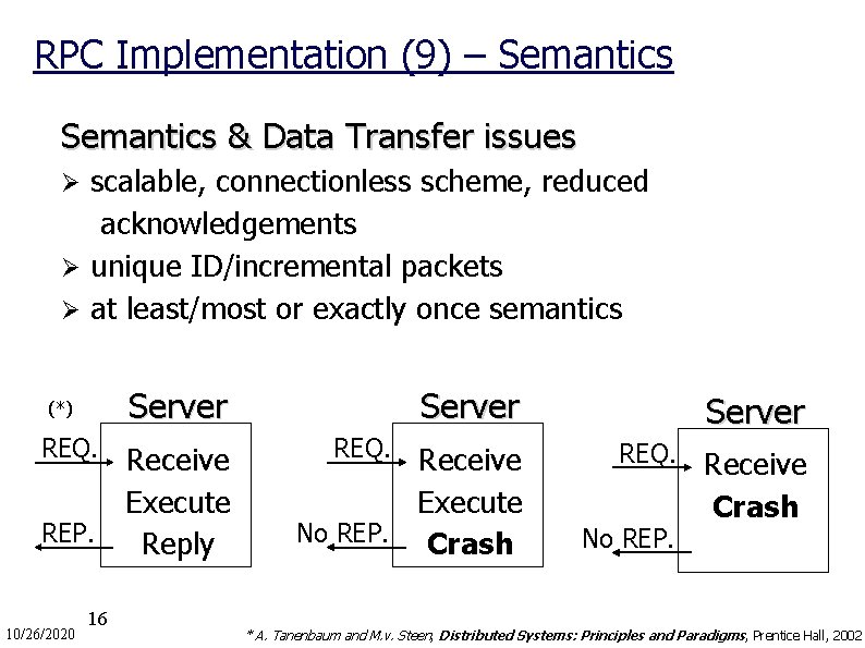 RPC Implementation (9) – Semantics & Data Transfer issues scalable, connectionless scheme, reduced acknowledgements