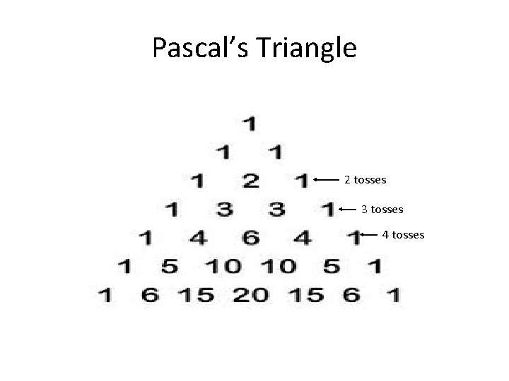 Pascal’s Triangle 2 tosses 3 tosses 4 tosses 