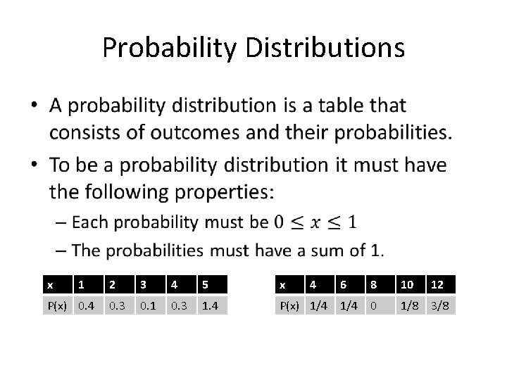 Probability Distributions • x 1 P(x) 0. 4 2 3 4 5 x 4
