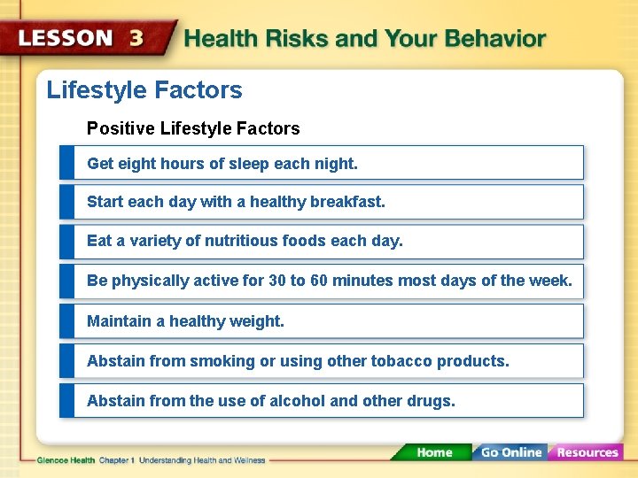 Lifestyle Factors Positive Lifestyle Factors Get eight hours of sleep each night. Start each