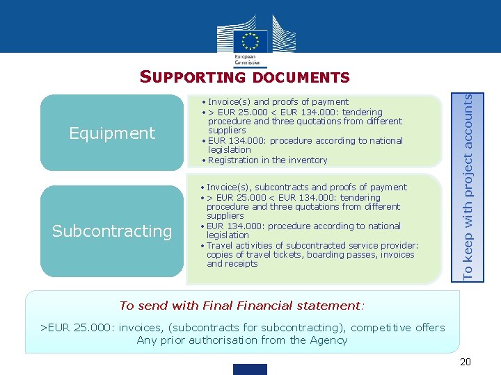 Equipment Subcontracting • Invoice(s) and proofs of payment • > EUR 25. 000 <