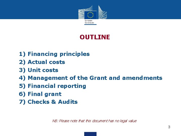 OUTLINE 1) Financing principles 2) Actual costs 3) Unit costs 4) Management of the