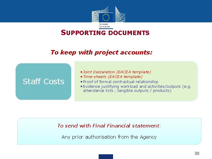 SUPPORTING DOCUMENTS To keep with project accounts: Staff Costs • Joint Declaration (EACEA template)