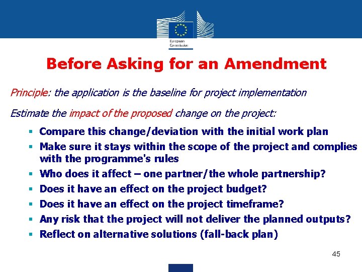 Before Asking for an Amendment Principle: the application is the baseline for project implementation