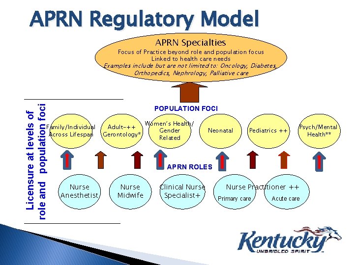 APRN Regulatory Model APRN Specialties Focus of Practice beyond role and population focus Linked