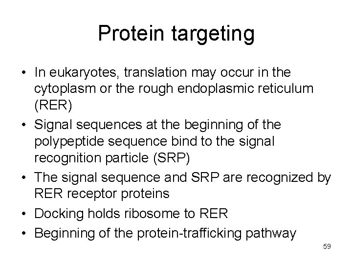 Protein targeting • In eukaryotes, translation may occur in the cytoplasm or the rough