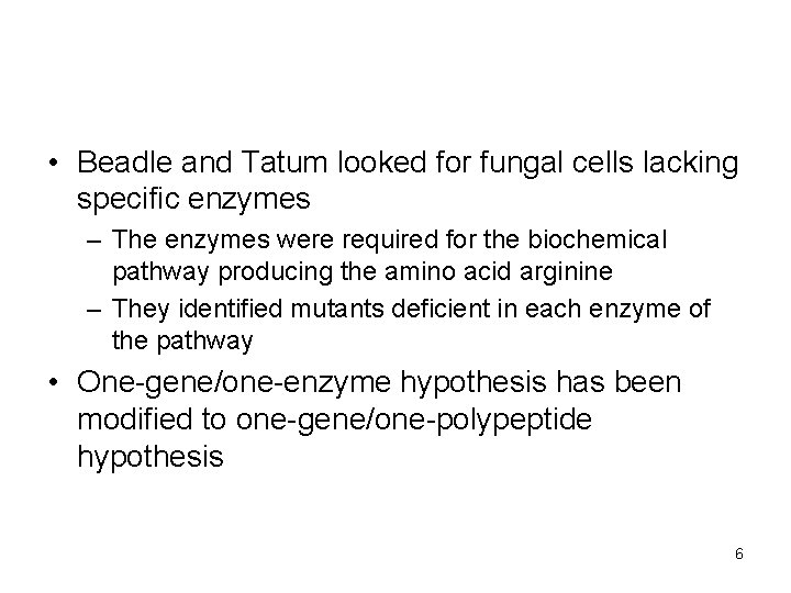  • Beadle and Tatum looked for fungal cells lacking specific enzymes – The