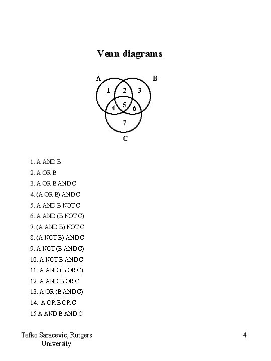 Venn diagrams A B 1 2 4 5 3 6 7 C 1. A Venn diagrams A B 1 2 4 5 3 6 7 C 1. A