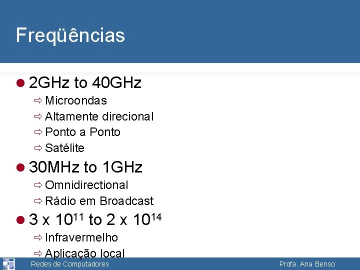 Freqüências l 2 GHz to 40 GHz ð Microondas ð Altamente direcional ð Ponto