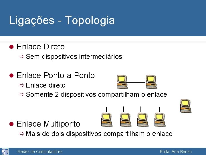 Ligações - Topologia l Enlace Direto ð Sem dispositivos intermediários l Enlace Ponto-a-Ponto ð