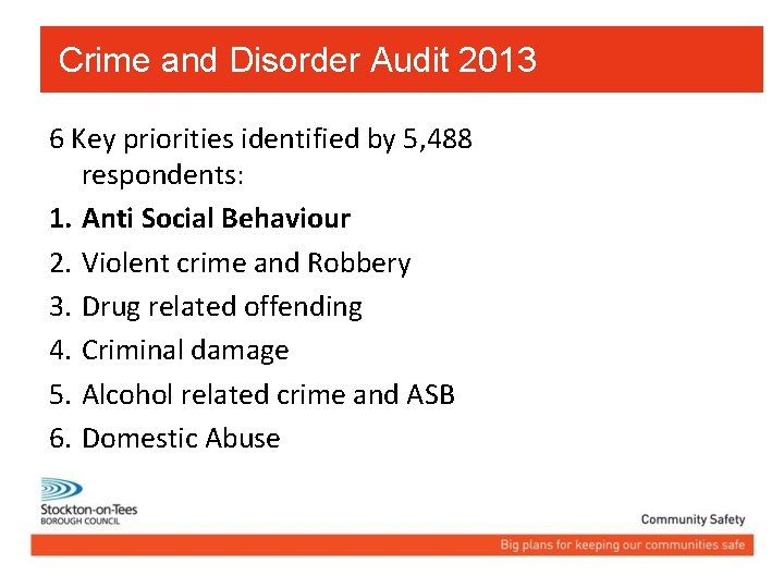 Crime and Disorder Audit 2013 6 Key priorities identified by 5, 488 respondents: 1.