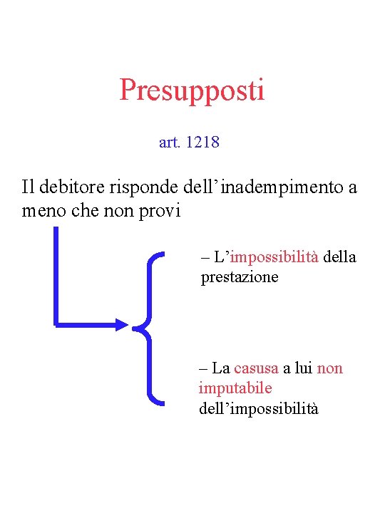 Presupposti art. 1218 Il debitore risponde dell’inadempimento a meno che non provi – L’impossibilità