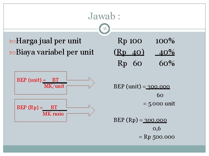 Jawab : 16 Harga jual per unit Biaya variabel per unit BEP (unit) =