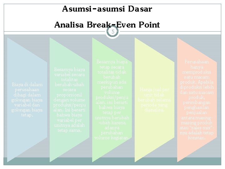 Asumsi-asumsi Dasar Analisa Break-Even Point 5 Biaya di dalam perusahaan dibagi dalam golongan biaya