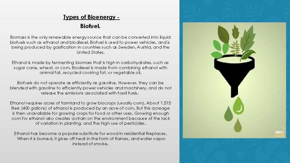 ◦Types of Bioenergy Biofuel. Biomass is the only renewable energy source that can be