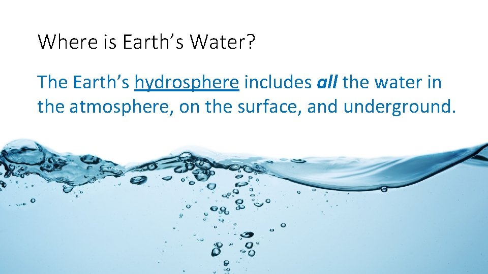 Where is Earth’s Water? The Earth’s hydrosphere includes all the water in the atmosphere,