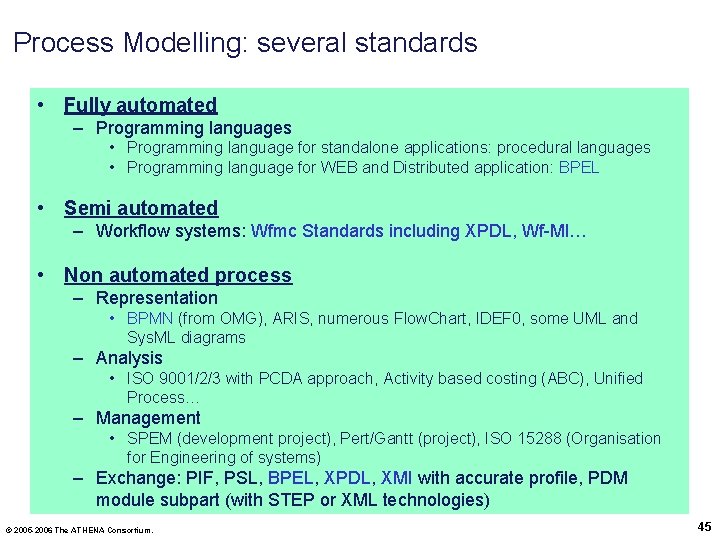 Process Modelling: several standards • Fully automated – Programming languages • Programming language for