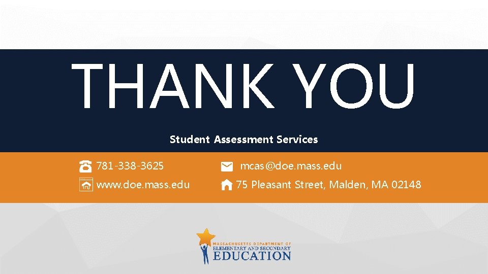 THANK YOU Student Assessment Services 781 -338 -3625 www. doe. mass. edu mcas@doe. mass.