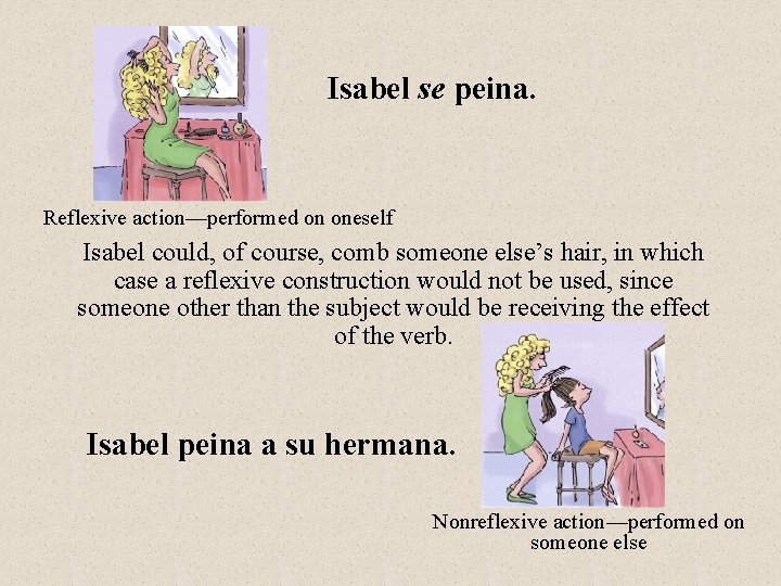 Isabel se peina. Reflexive action—performed on oneself Isabel could, of course, comb someone else’s