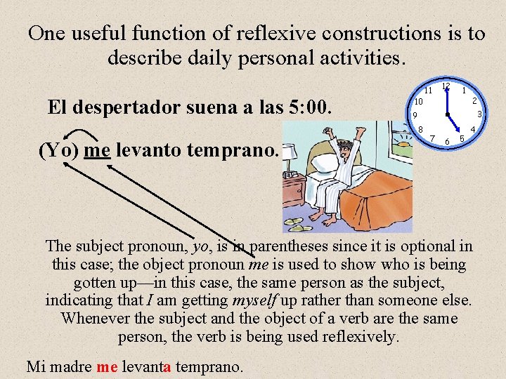One useful function of reflexive constructions is to describe daily personal activities. El despertador
