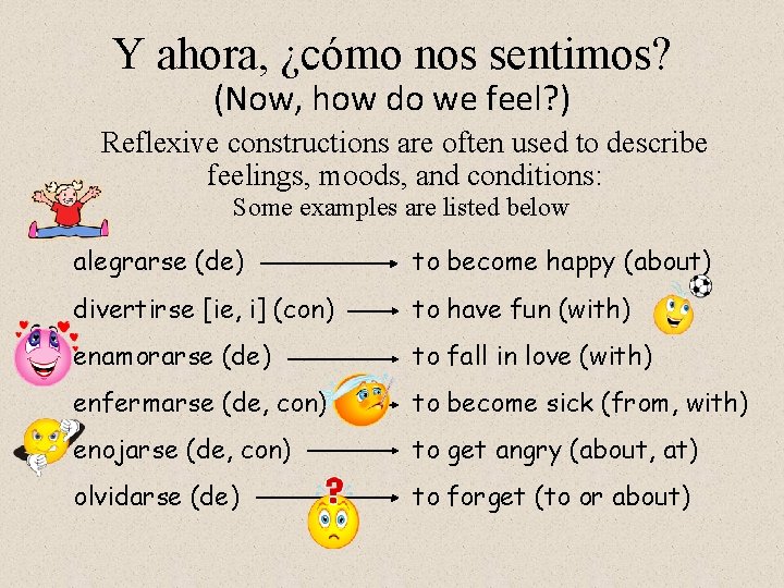 Y ahora, ¿cómo nos sentimos? (Now, how do we feel? ) Reflexive constructions are