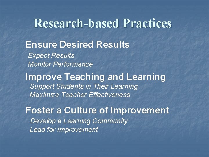 Research-based Practices Ensure Desired Results Expect Results Monitor Performance Improve Teaching and Learning Support