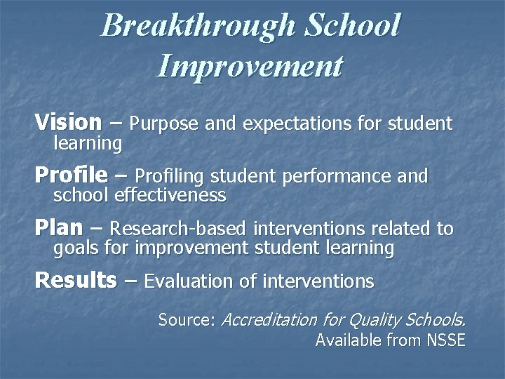 Breakthrough School Improvement Vision – Purpose and expectations for student learning Profile – Profiling