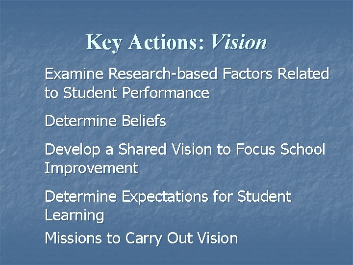 Key Actions: Vision Examine Research-based Factors Related to Student Performance Determine Beliefs Develop a