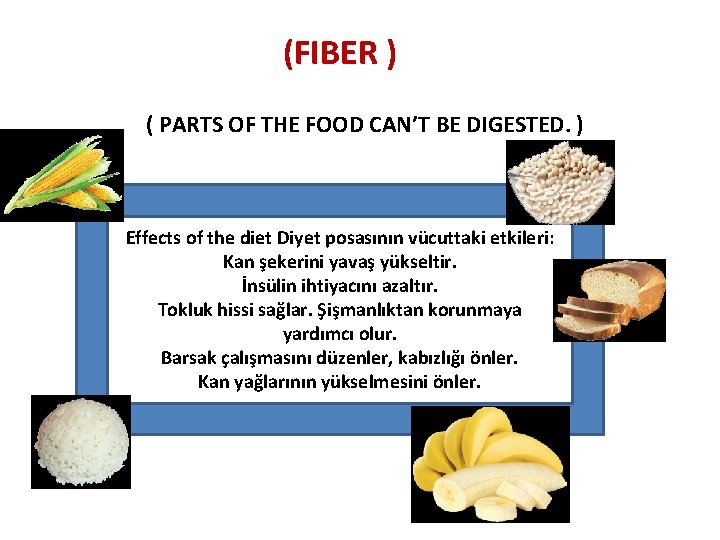 (FIBER ) ( PARTS OF THE FOOD CAN’T BE DIGESTED. ) Effects of the
