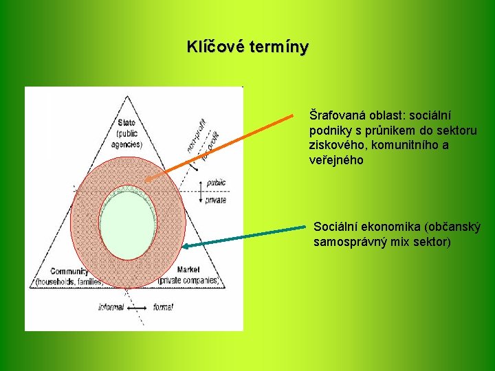 Klíčové termíny Šrafovaná oblast: sociální podniky s průnikem do sektoru ziskového, komunitního a veřejného