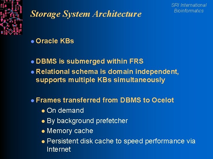 Storage System Architecture l Oracle SRI International Bioinformatics KBs l DBMS is submerged within