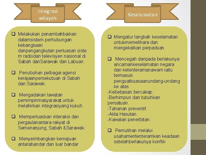 Integrasi wilayah q Melakukan penambahbaikan dalamsistem perhubungan kebangsaan danpengangkutan perluasan siste m radiodan televisyen