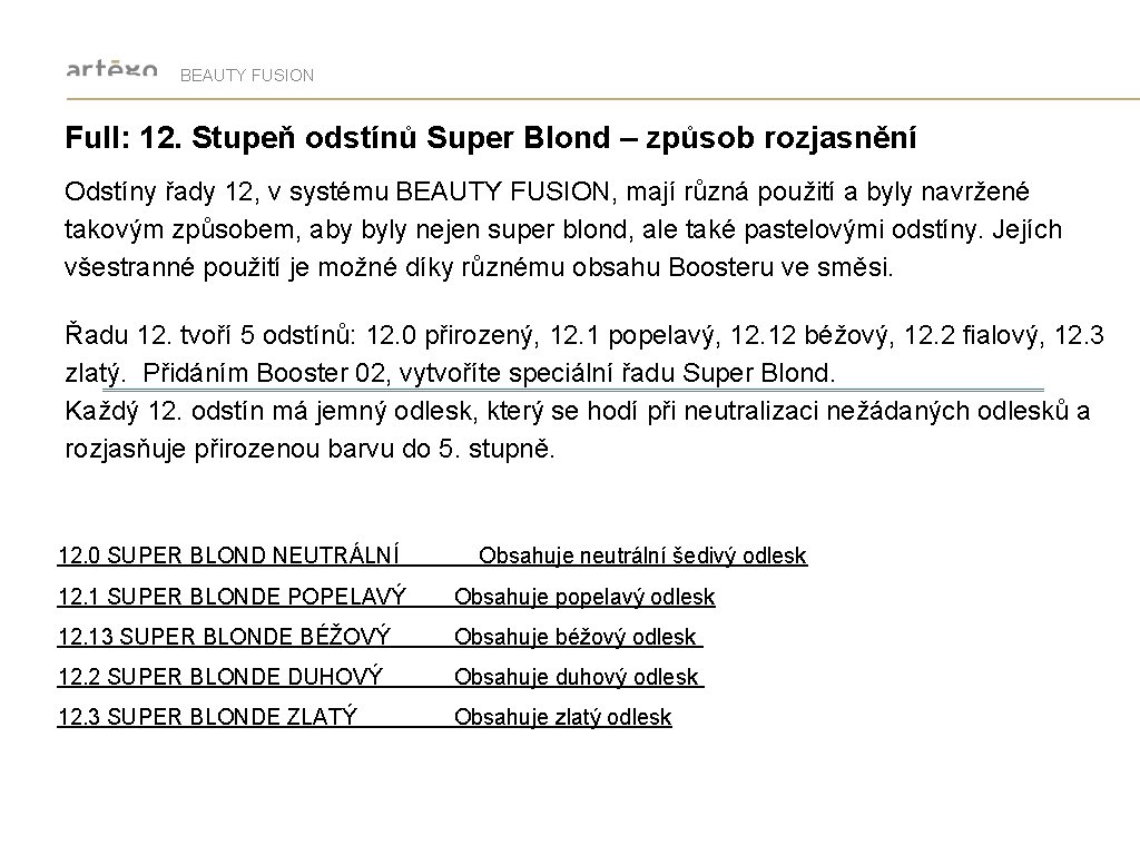 BEAUTY FUSION Full: 12. Stupeň odstínů Super Blond – způsob rozjasnění Odstíny řady 12,