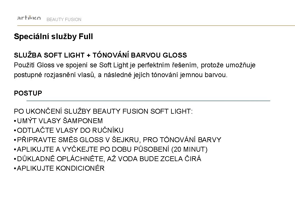 BEAUTY FUSION Speciální služby Full SLUŽBA SOFT LIGHT + TÓNOVÁNÍ BARVOU GLOSS Použití Gloss