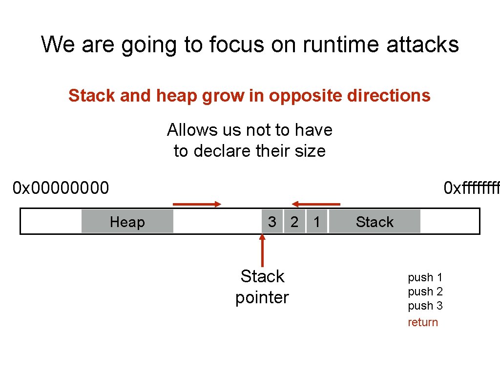 We are going to focus on runtime attacks Stack and heap grow in opposite