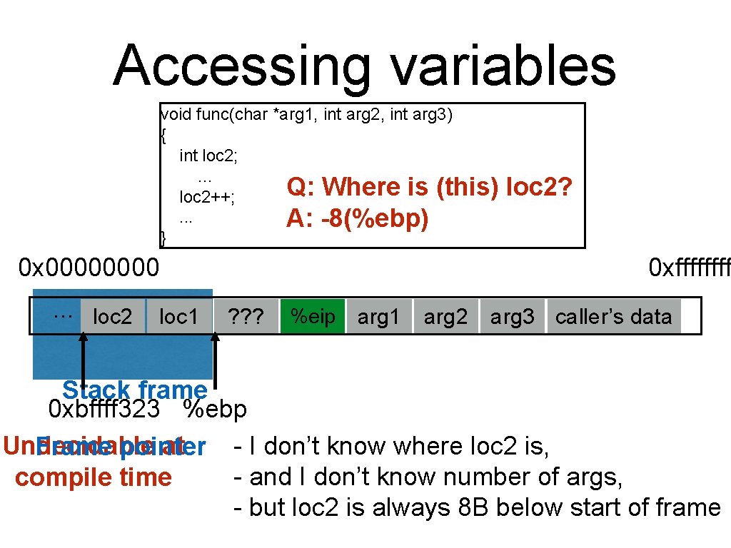 Accessing variables void func(char *arg 1, int arg 2, int arg 3) { int