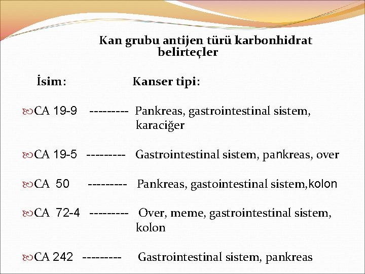 Kan grubu antijen türü karbonhidrat belirteçler İsim: CA 19 -9 Kanser tipi: ----- Pankreas,