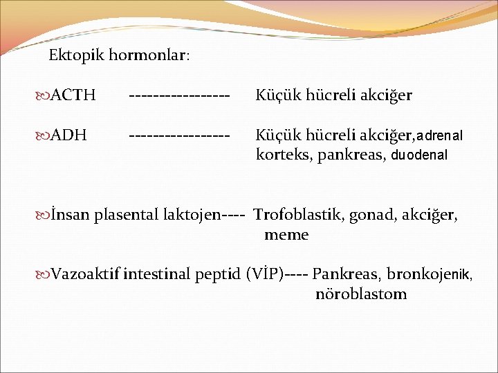 Ektopik hormonlar: ACTH --------- Küçük hücreli akciğer ADH --------- Küçük hücreli akciğer, adrenal korteks,