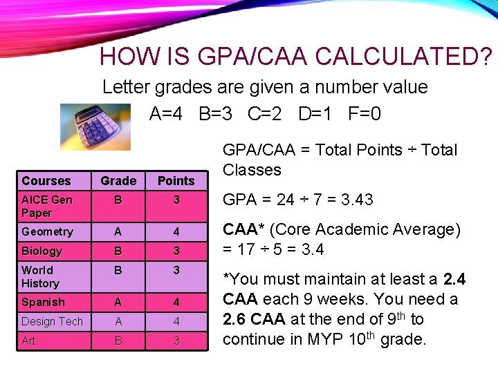 HOW IS GPA/CAA CALCULATED? Letter grades are given a number value A=4 B=3 C=2