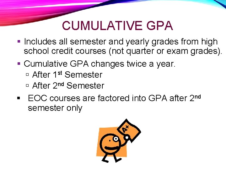 CUMULATIVE GPA Includes all semester and yearly grades from high school credit courses (not
