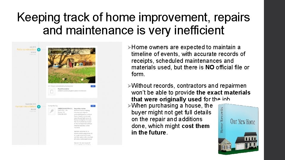 Keeping track of home improvement, repairs and maintenance is very inefficient Ø Home owners