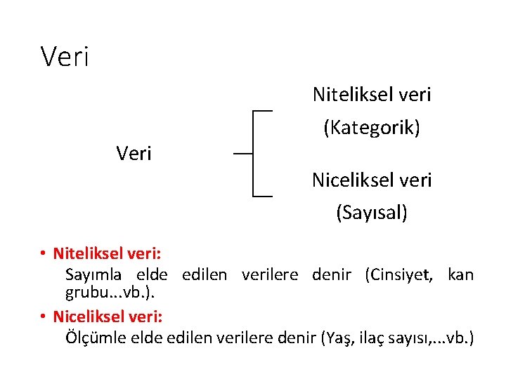 Veri Niteliksel veri (Kategorik) Niceliksel veri (Sayısal) • Niteliksel veri: Sayımla elde edilen verilere