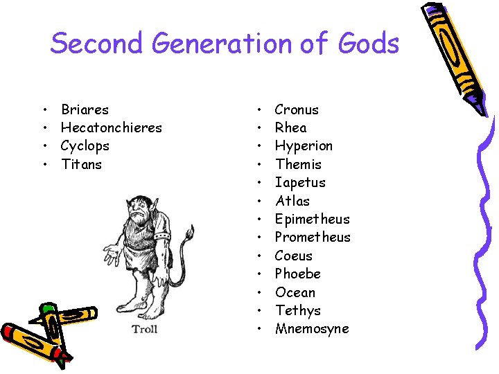 Second Generation of Gods • • Briares Hecatonchieres Cyclops Titans • • • •