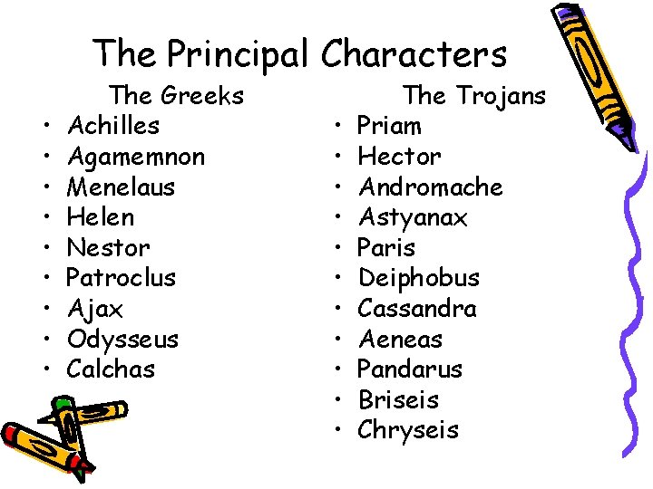 The Principal Characters • • • The Greeks Achilles Agamemnon Menelaus Helen Nestor Patroclus