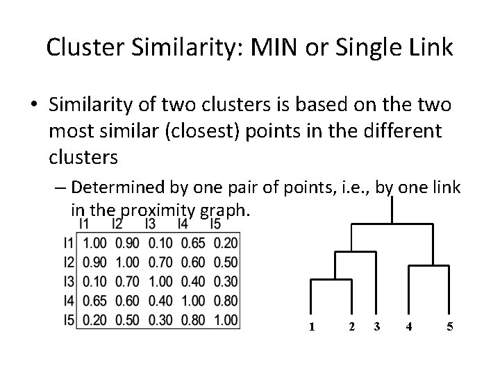 Cluster Similarity: MIN or Single Link • Similarity of two clusters is based on