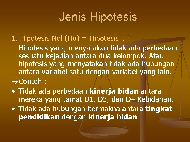 Jenis Hipotesis 1. Hipotesis Nol (Ho) = Hipotesis Uji Hipotesis yang menyatakan tidak ada