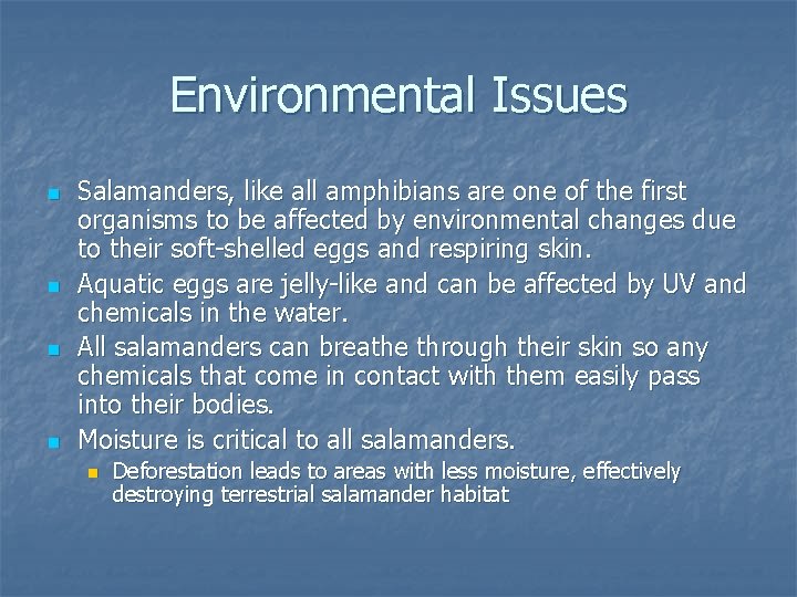 Environmental Issues n n Salamanders, like all amphibians are one of the first organisms