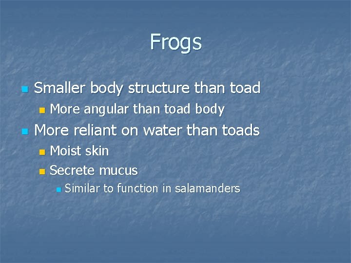 Frogs n Smaller body structure than toad n n More angular than toad body